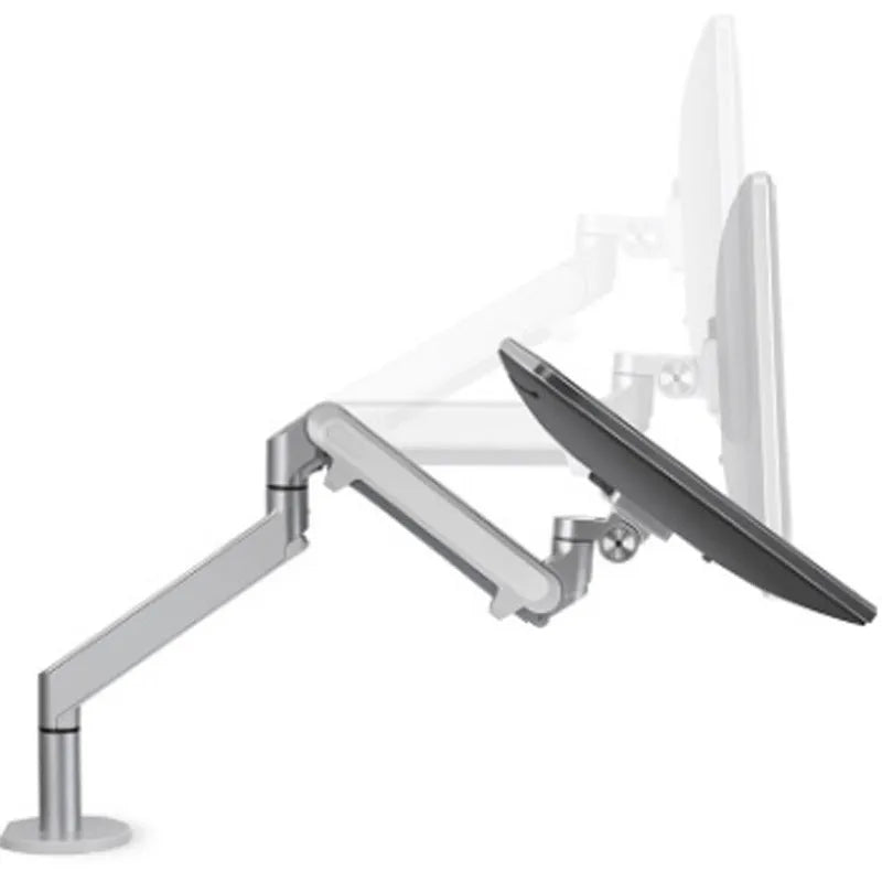 Silver aluminium alloy laptop stand with adjustable height and 360-degree rotation on a wooden desk