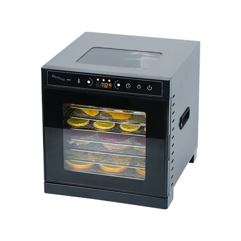 Stainless steel fruit dehydrator with visual skylight, 6 trays, LED control panel showing temperature settings