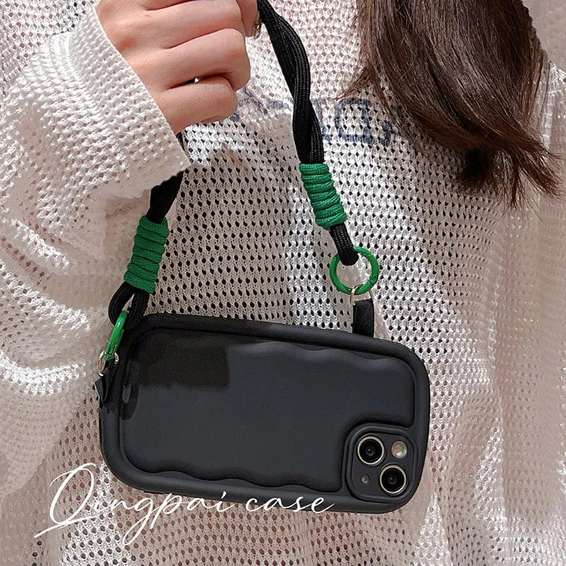 TPU iPhone case with ribbon wrist lanyard in solid colour, full coverage, for Apple iPhone 11 to 15 Pro Max