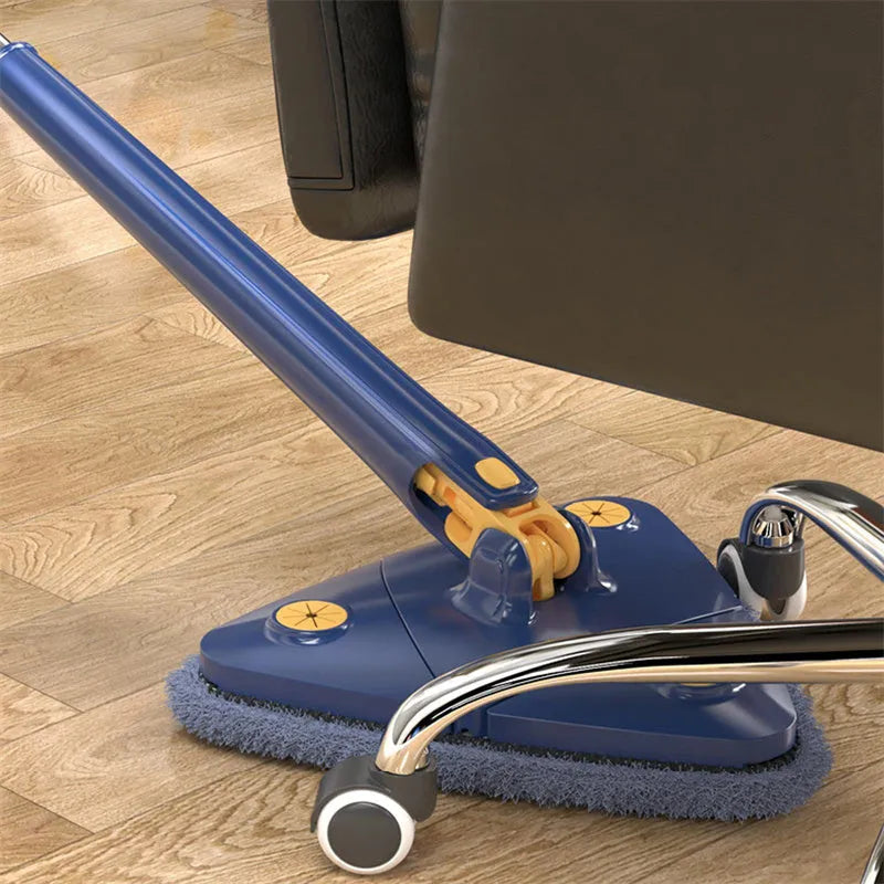 Extendable blue triangle mop with rotating head and stainless steel pole for floor and wall cleaning.