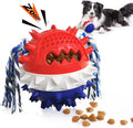 Blue and red squeaky dog toy with treat dispenser and dental care bumps for aggressive chewers