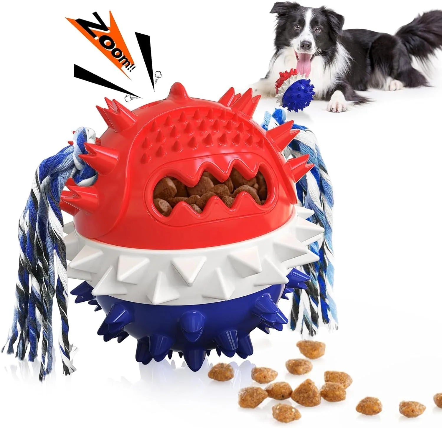 Blue and red squeaky dog toy with treat dispenser and dental care bumps for aggressive chewers