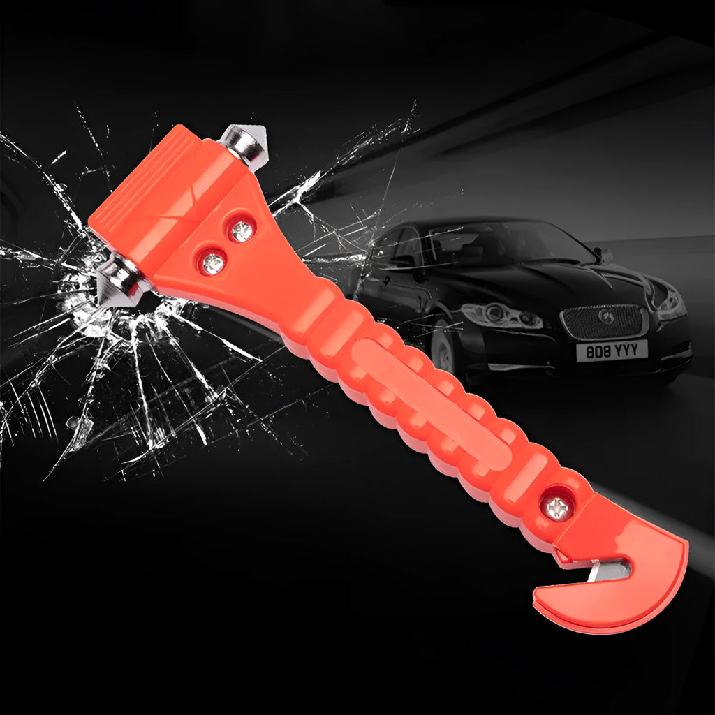 Red car emergency escape hammer with seatbelt cutter, made from ABS and carbon steel.