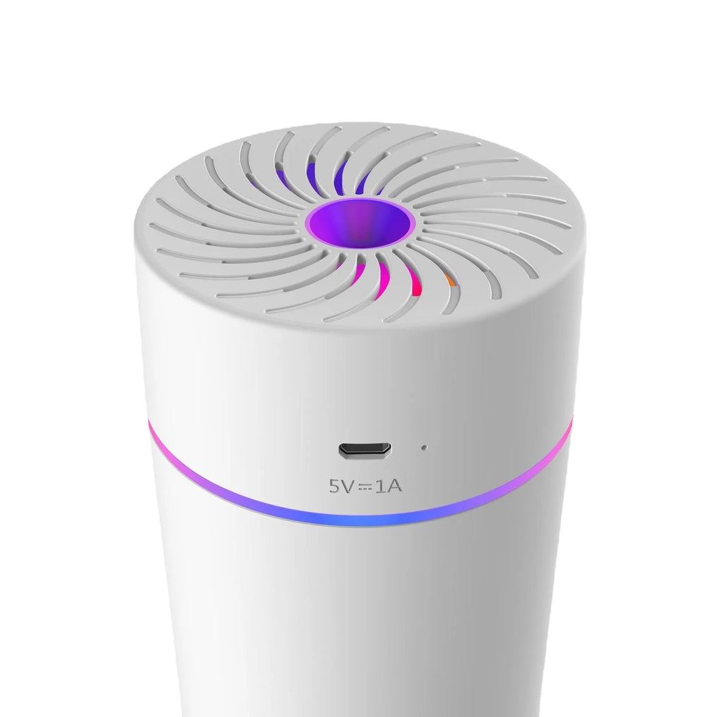 USB car mini humidifier with aromatherapy function in black or white, showing compact design for vehicle use