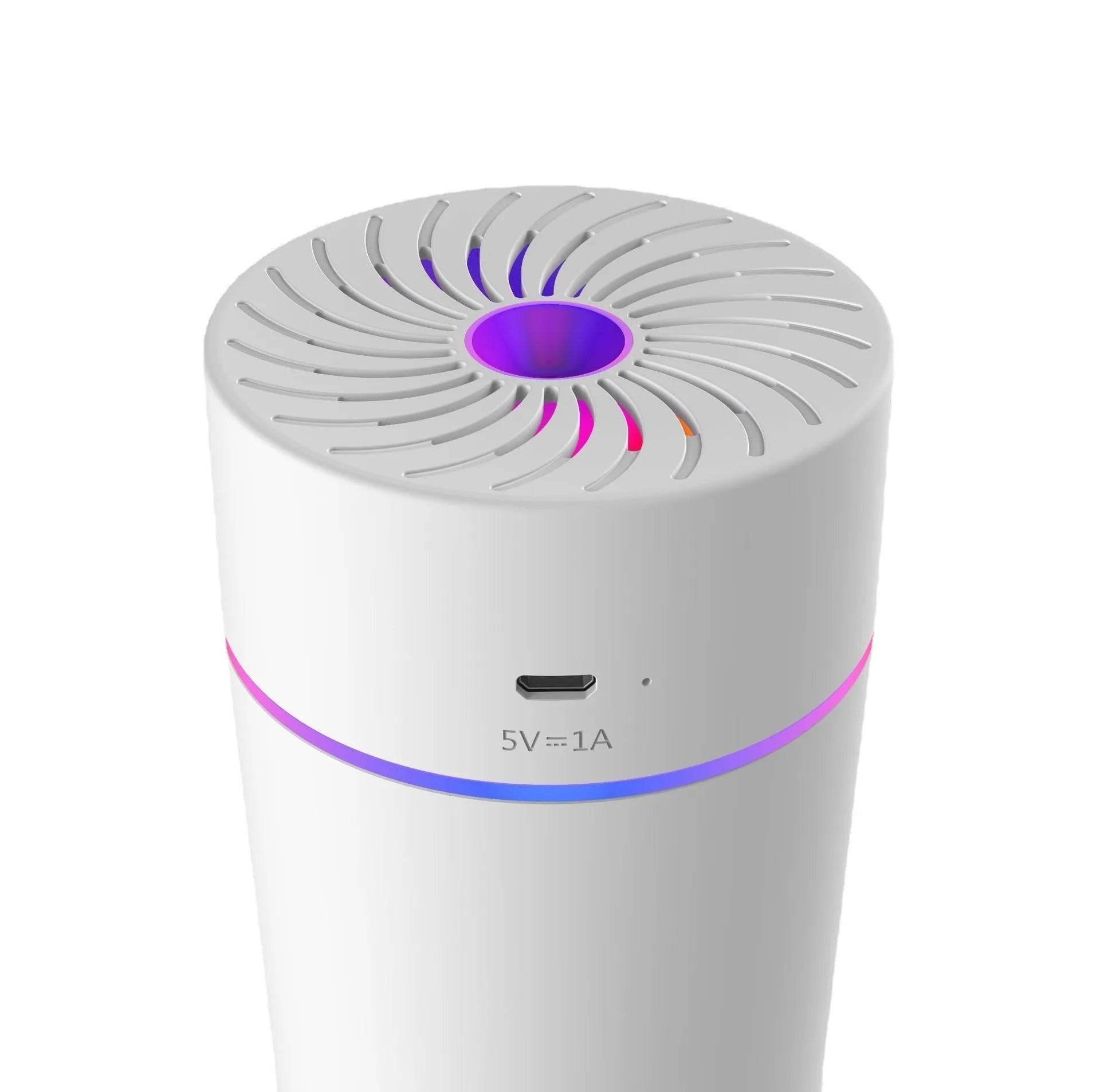 USB car mini humidifier with aromatherapy function in black or white, showing compact design for vehicle use