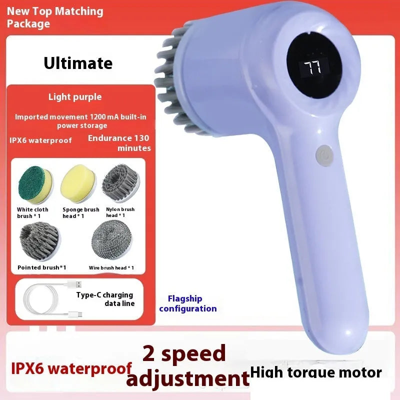 USB electric cleaning brush in light grey or purple with interchangeable cleaning heads for kitchen and household surfaces