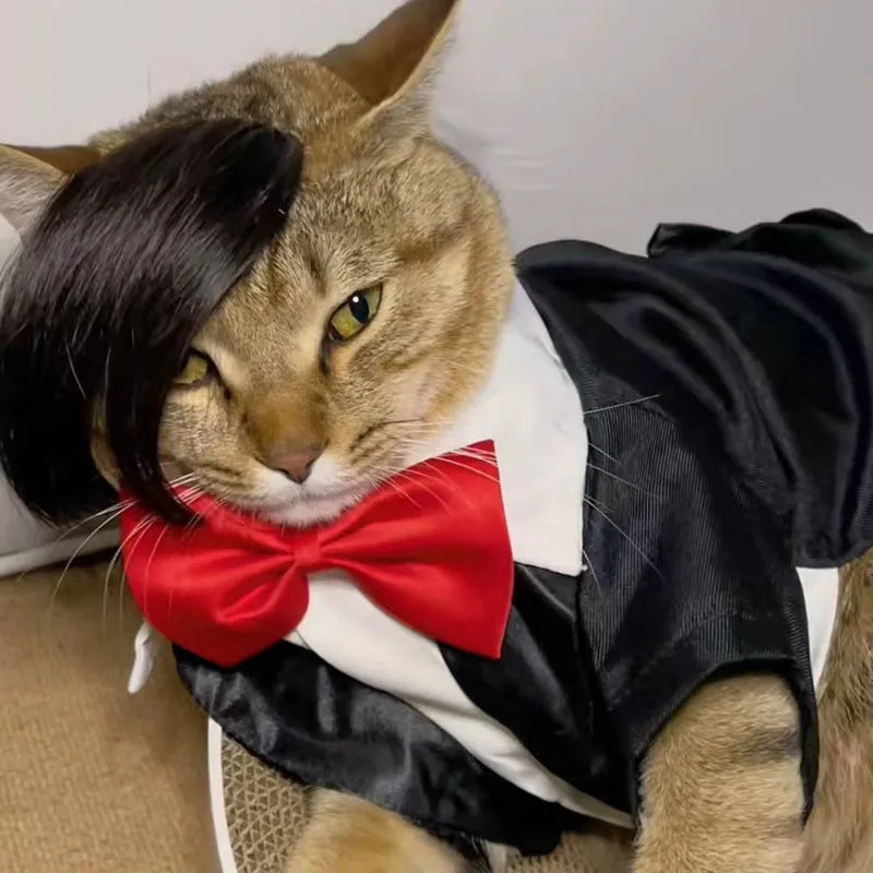 Black imitation braid pet wig for cats on a feline model, showing lightweight polyester construction