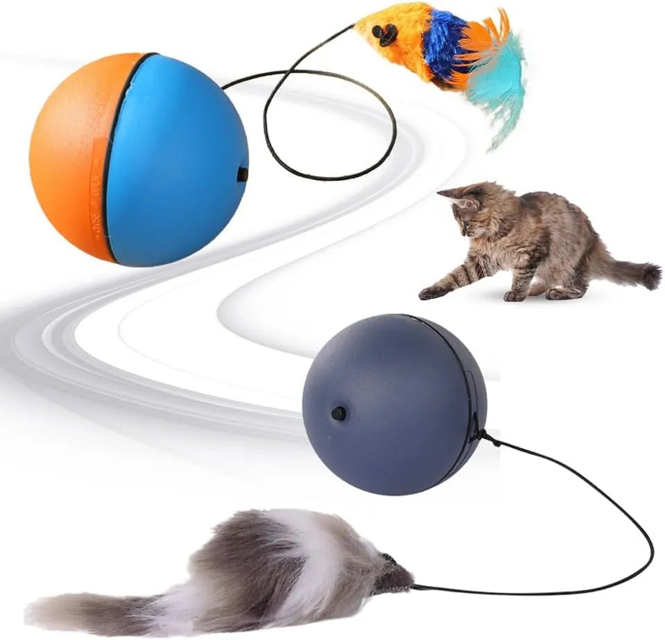 Blue and orange automatic rolling ball pet toy on a floor