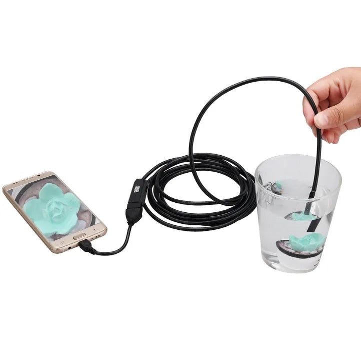 OWSOO USB endoscope camera with 5m cable, 6 LED lights, 7mm lens, and attachments including hook and magnet