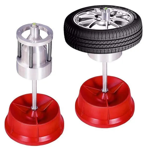 Portable hub balancer with bull's eye level for tyre balancing, aluminium head, and non-rust enamel base