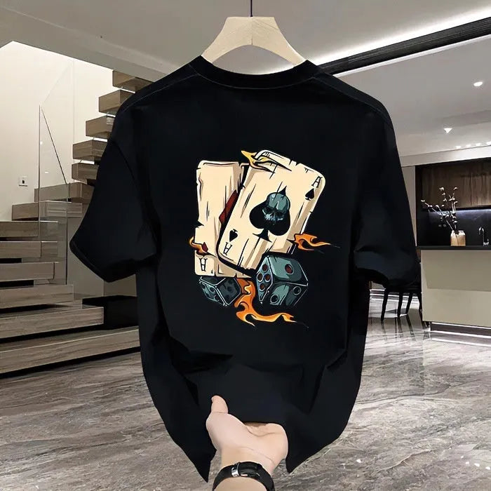 Men's black and white heavy cotton short-sleeved printed T-shirt on a hanger