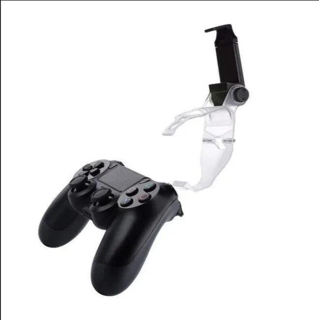 Black PS4 controller mobile phone clip with micro USB OTG cable for Android gaming.