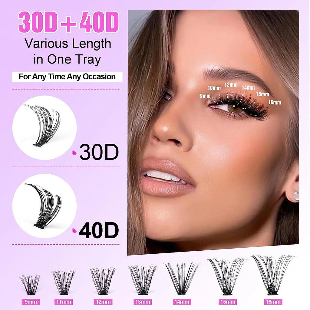 Mixed package of DIY cluster false eyelashes in 30D and 40D densities with tweezers, lengths 9-16mm.