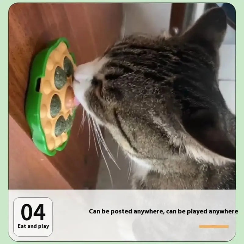Green lotus-shaped catnip ball with adhesive backing for wall mounting