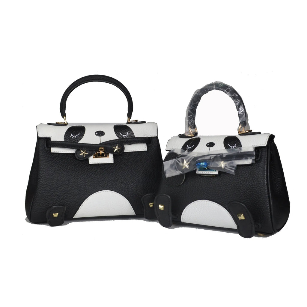 Panda handbag in first-layer cowhide with animal print, showing horizontal square shape and two size options