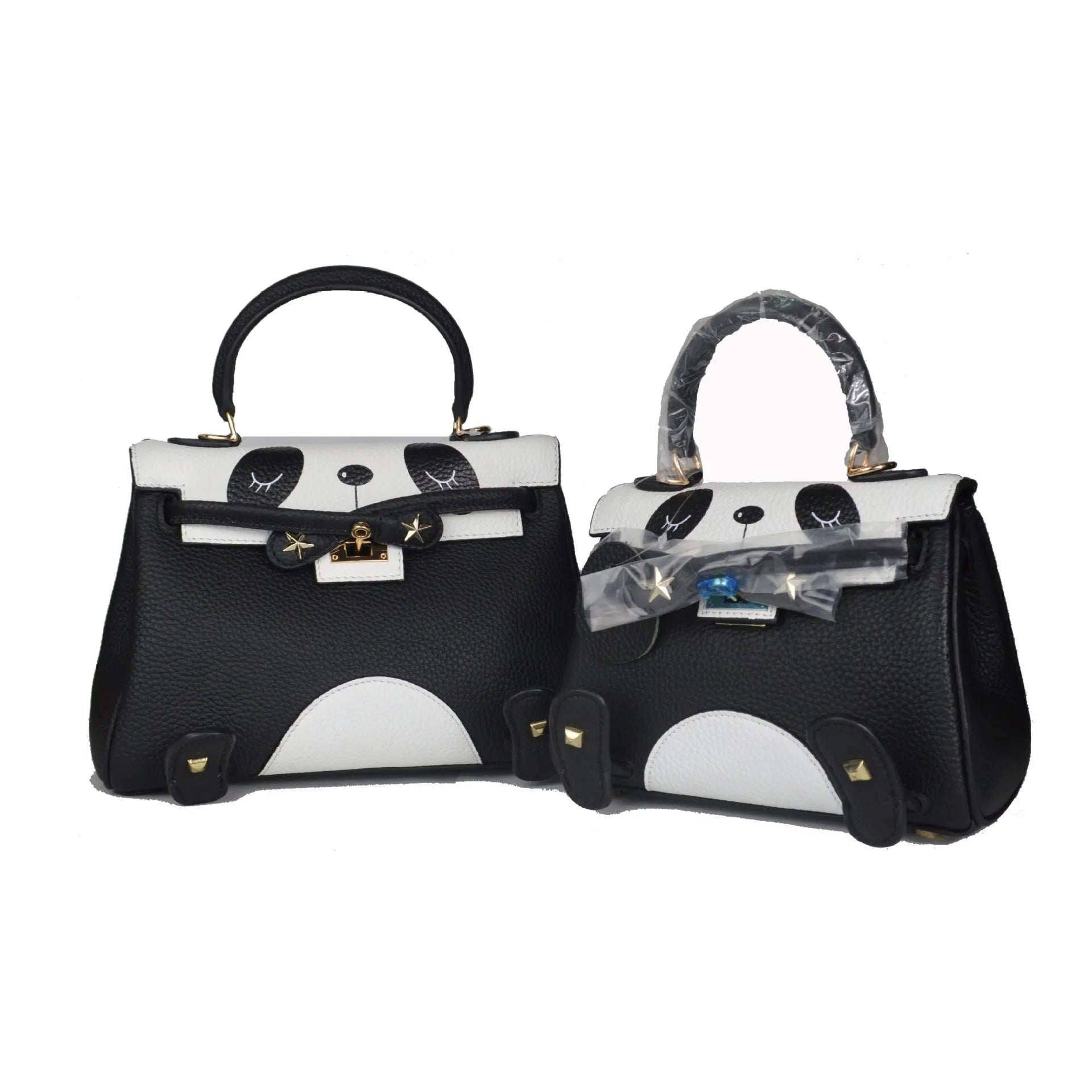 Panda handbag in first-layer cowhide with animal print, showing horizontal square shape and two size options