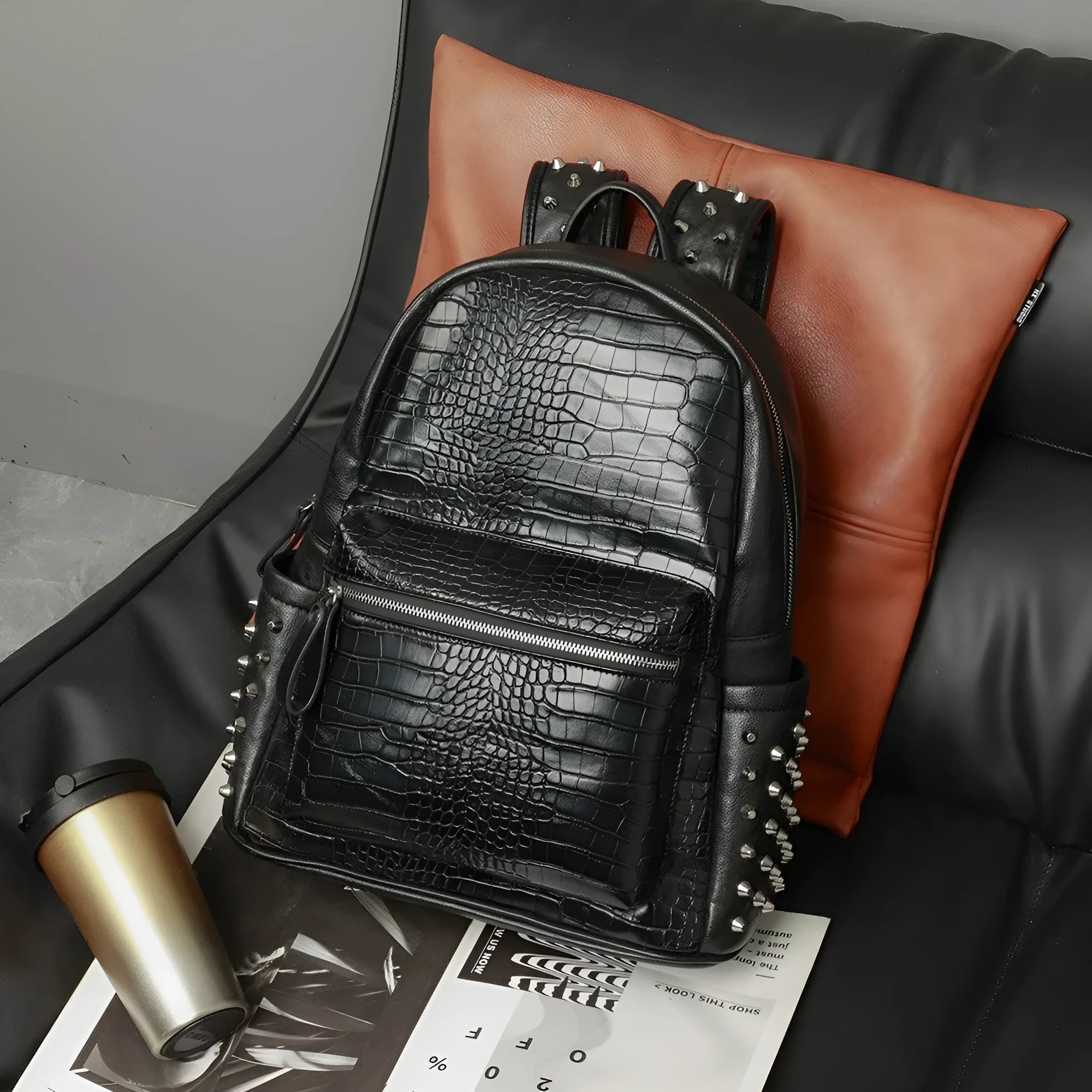Black waterproof computer schoolbag with 36-55L capacity and oil wax leather finish