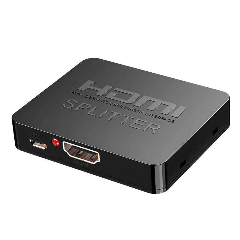HDMI splitter device with one input and two output ports, USB charger lead, and compact black housing