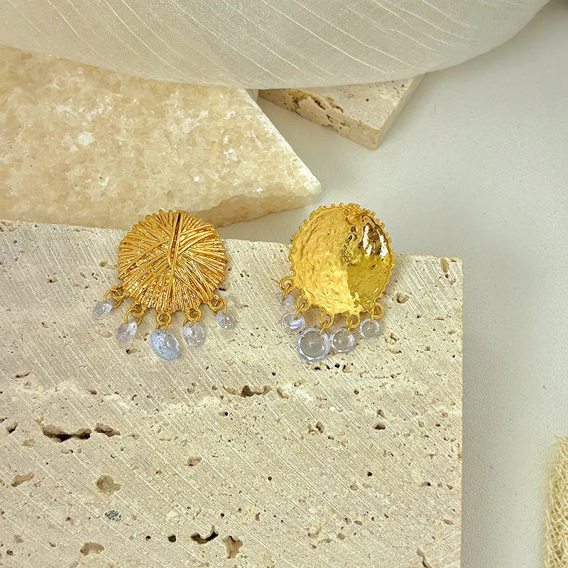 Gold geometric round earrings with electroplated metal construction for women
