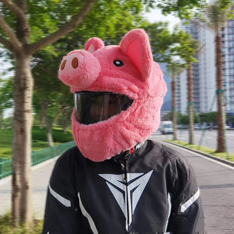 Pink pig cartoon design plush hood for covering a motorcycle helmet