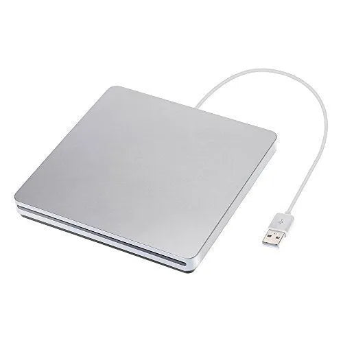 Silver external USB CD/DVD drive, 13.7 x 13.4 x 1.7 cm, for Mac OS and Windows