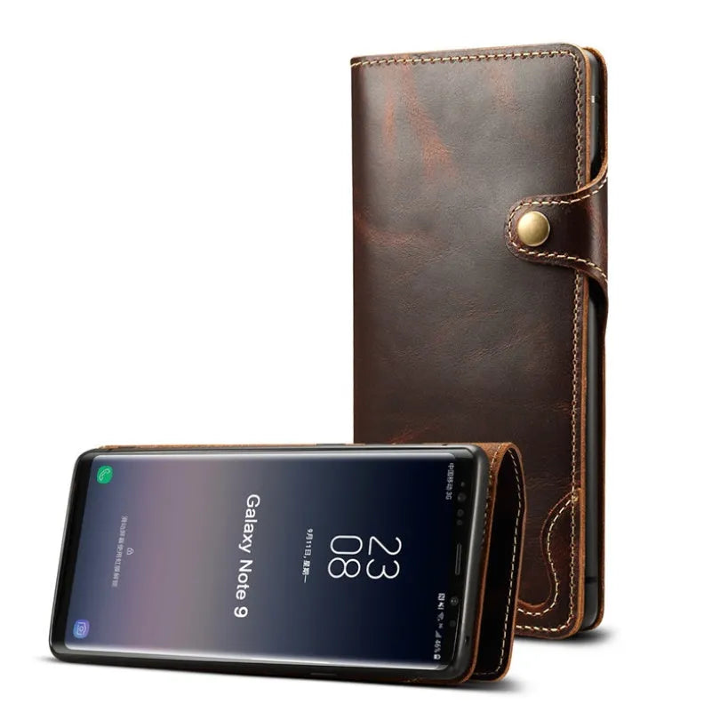 Handmade leather mobile phone case with wallet compartment open showing card slots