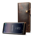 Handmade leather mobile phone case with wallet compartment open showing card slots