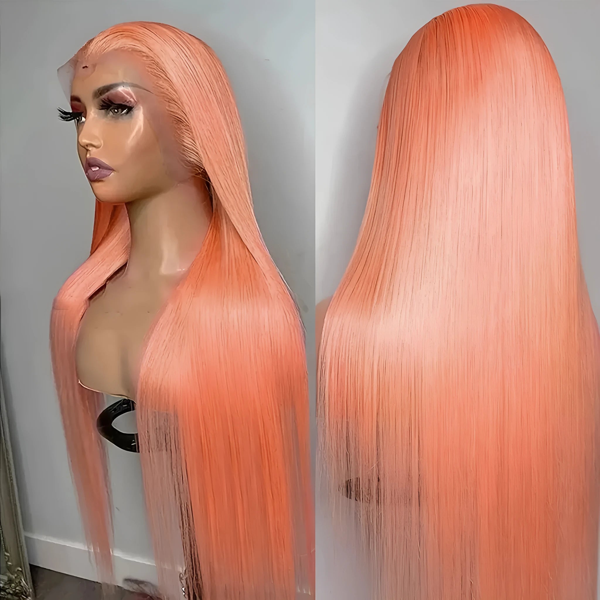 Light orange long straight hair wig with side bangs and front lace, displayed on a wig head.