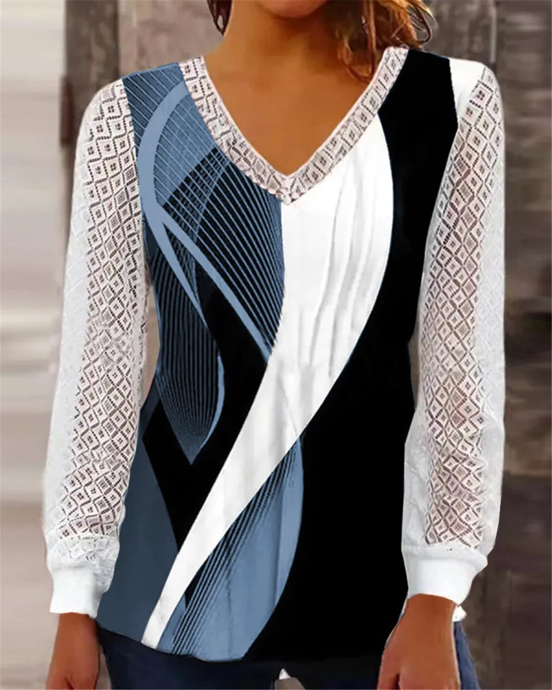 Purple V-neck loose pullover top with hollow-out lace print detailing and long sleeves