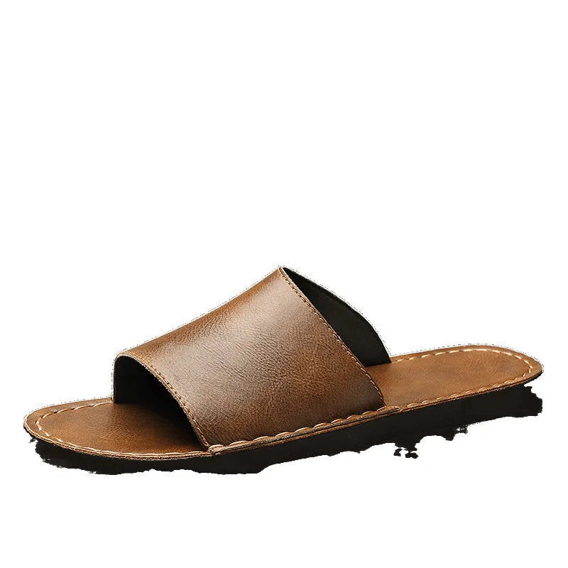 Men's brown leather sandals with rubber soles showing casual outdoor design