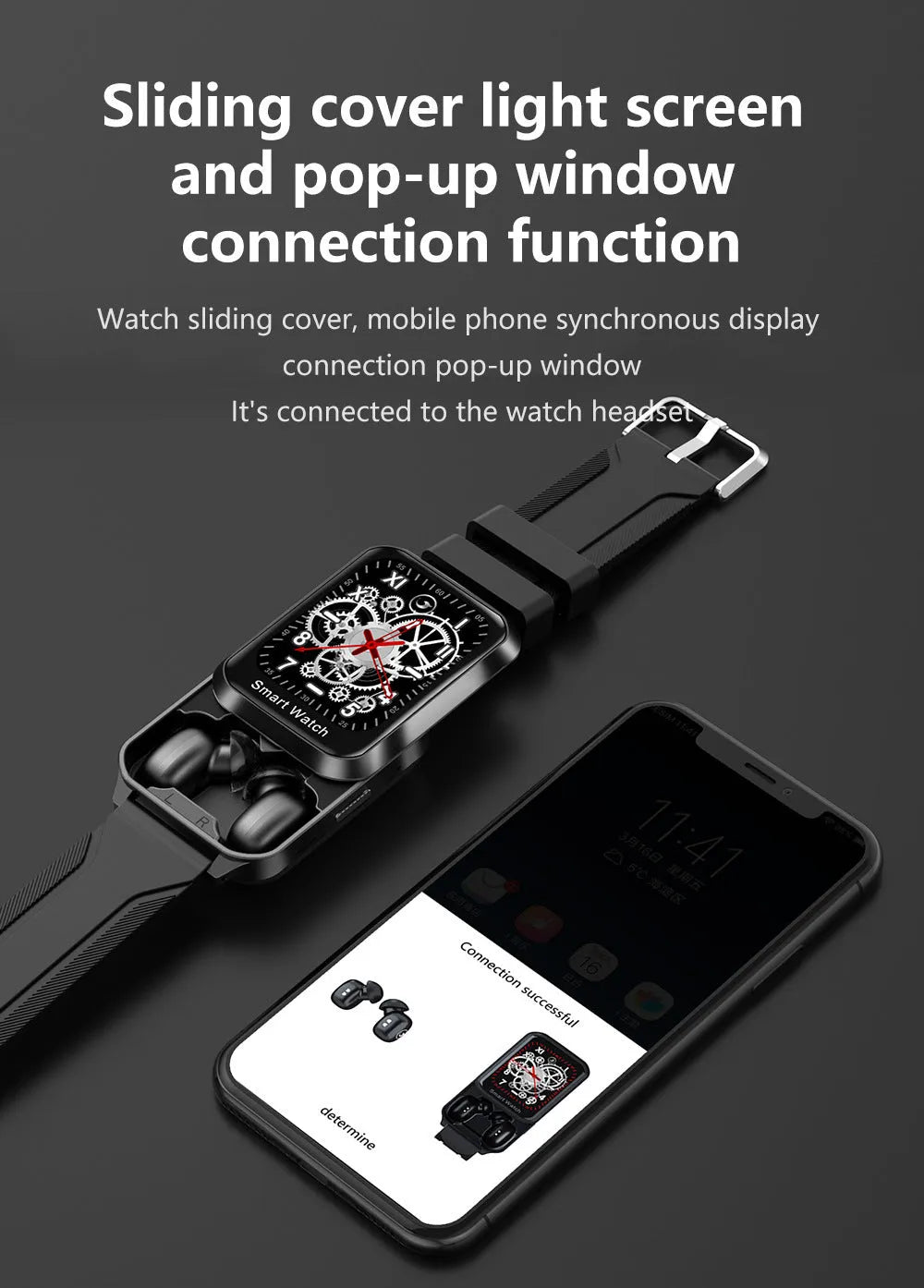 Black smart bracelet with touch screen displaying time and Bluetooth call icon on a wrist.