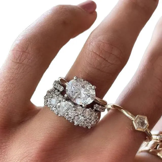 Women's white alloy three-piece ring set with geometric oval mosaic design and zircon detailing