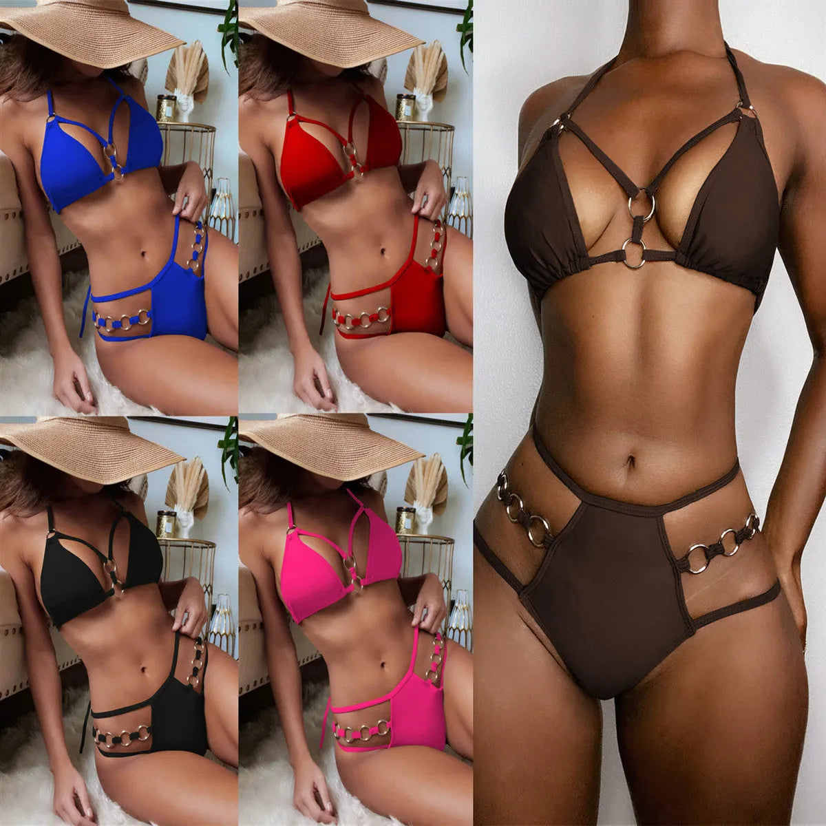 Women's separated nylon bikini swimwear in five colour options with top and shorts components