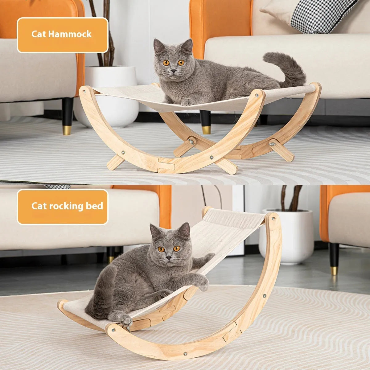 Brown wooden cat hammock bed with canvas exterior and plush interior, folded frame design