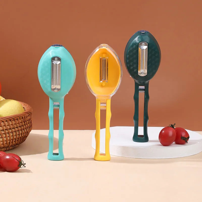 Yellow peeling knife with attached plastic storage lid for fruit and potato peelings