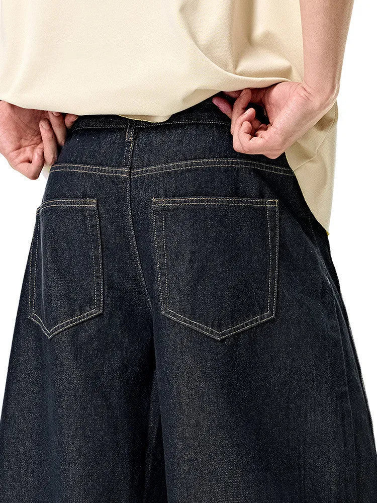 Men's wide-leg denim trousers in original cow colour with mid-waist design and relaxed fit