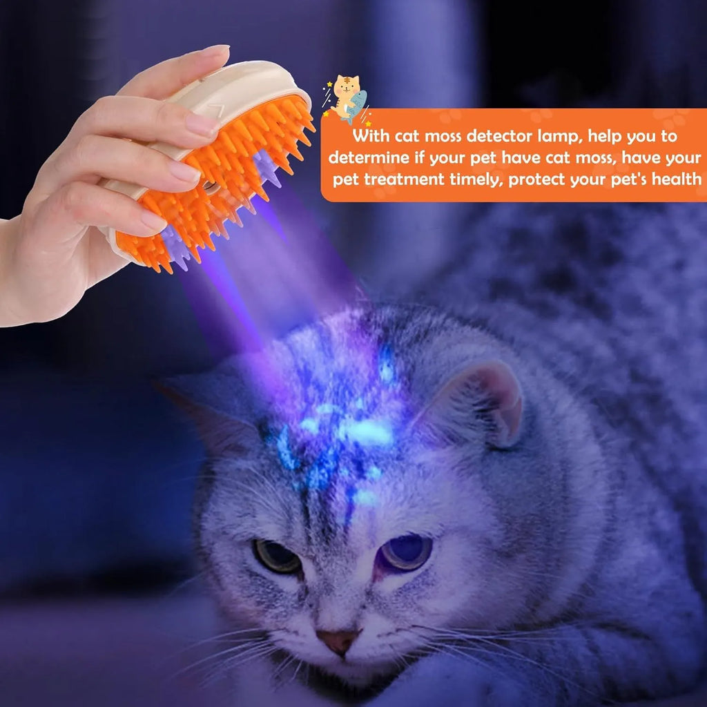 Yellow cat steam brush with silicone teeth, water storage area, and ringworm detector lamp for pet grooming