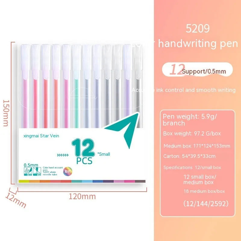 Boxed set of twelve coloured gel pens with 0.5mm fine points on a white background.