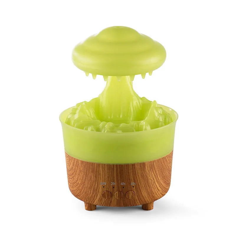 Wood grain rain cloud shaped humidifier diffuser with coloured LED light and water droplet sound.