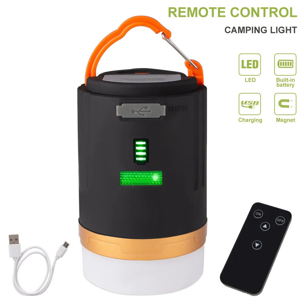 Black rechargeable LED camping light with remote control, 4800mAh battery, IPX6 waterproof, hanging hook and magnet