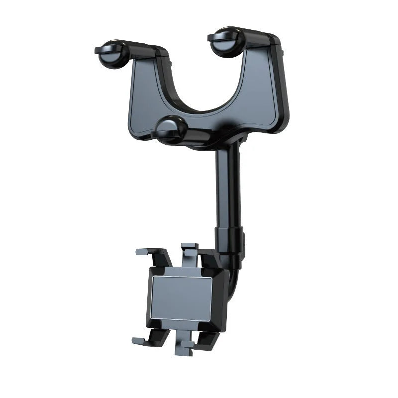 Black rearview mirror phone holder mounted on car mirror with phone in landscape orientation