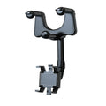 Black rearview mirror phone holder mounted on car mirror with phone in landscape orientation