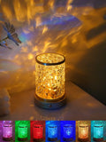 Rotating water ripple night light with acrylic body and solid wood base measuring 9.5cm wide