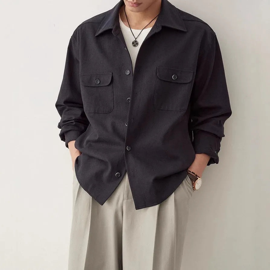 Men's light sand rice lapel collar shirt with long sleeves and chemical fibre blend fabric