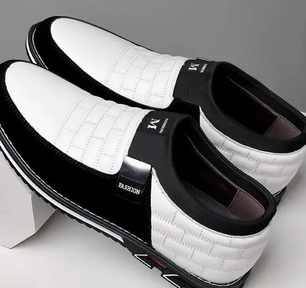 Men's black casual leather shoes with low upper design on size conversion table showing 38-48 range