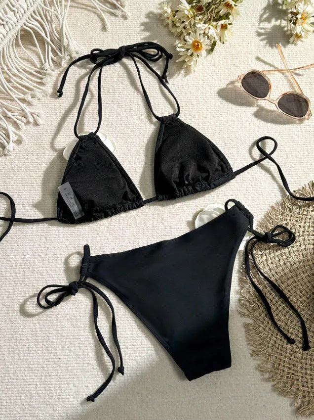 Black three-dimensional flower lace bikini with backless briefs and split design
