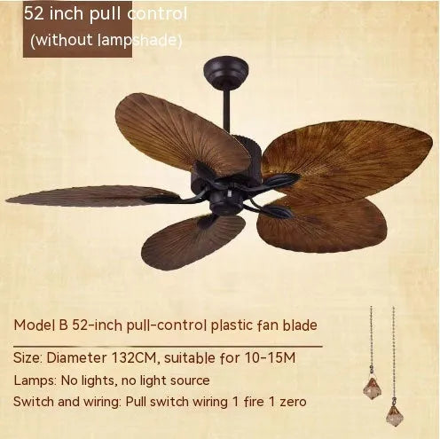 Retro-style ceiling fan light with wooden blades and three copper lampshades, mounted on a white ceiling.