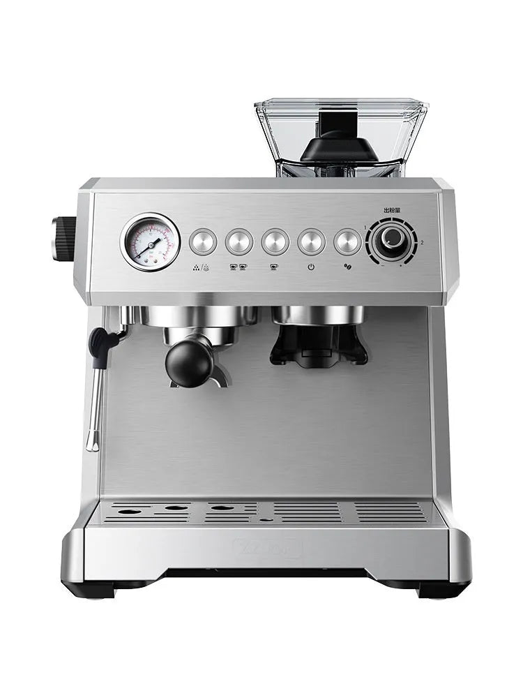 Silver gray fully automatic Italian coffee machine with 2L water tank, 20Bar pump, 200g bean storage, and EU plug.