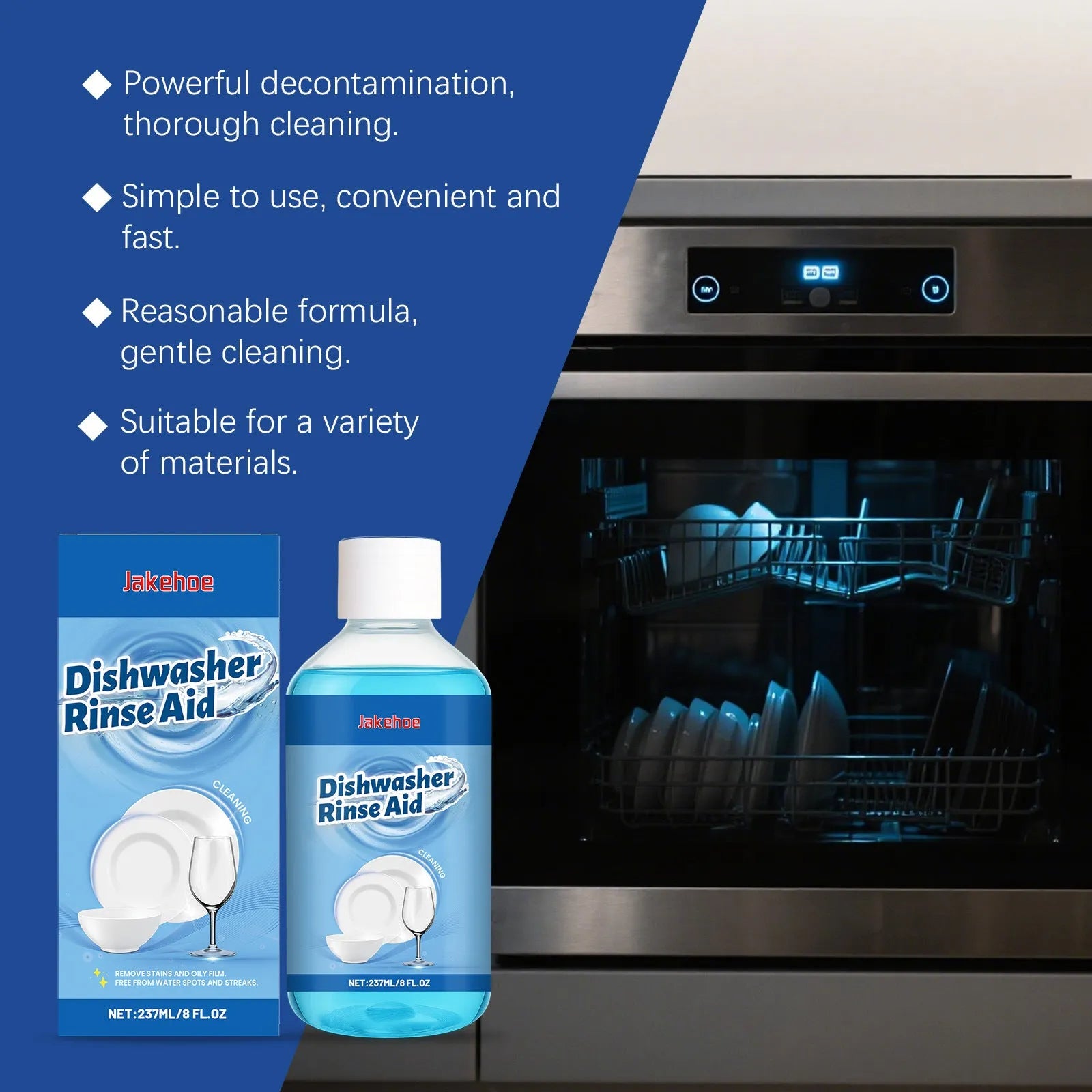 237mL dishwasher detergent aid in 5.8x12.8cm bottle for household dishwasher cleaning