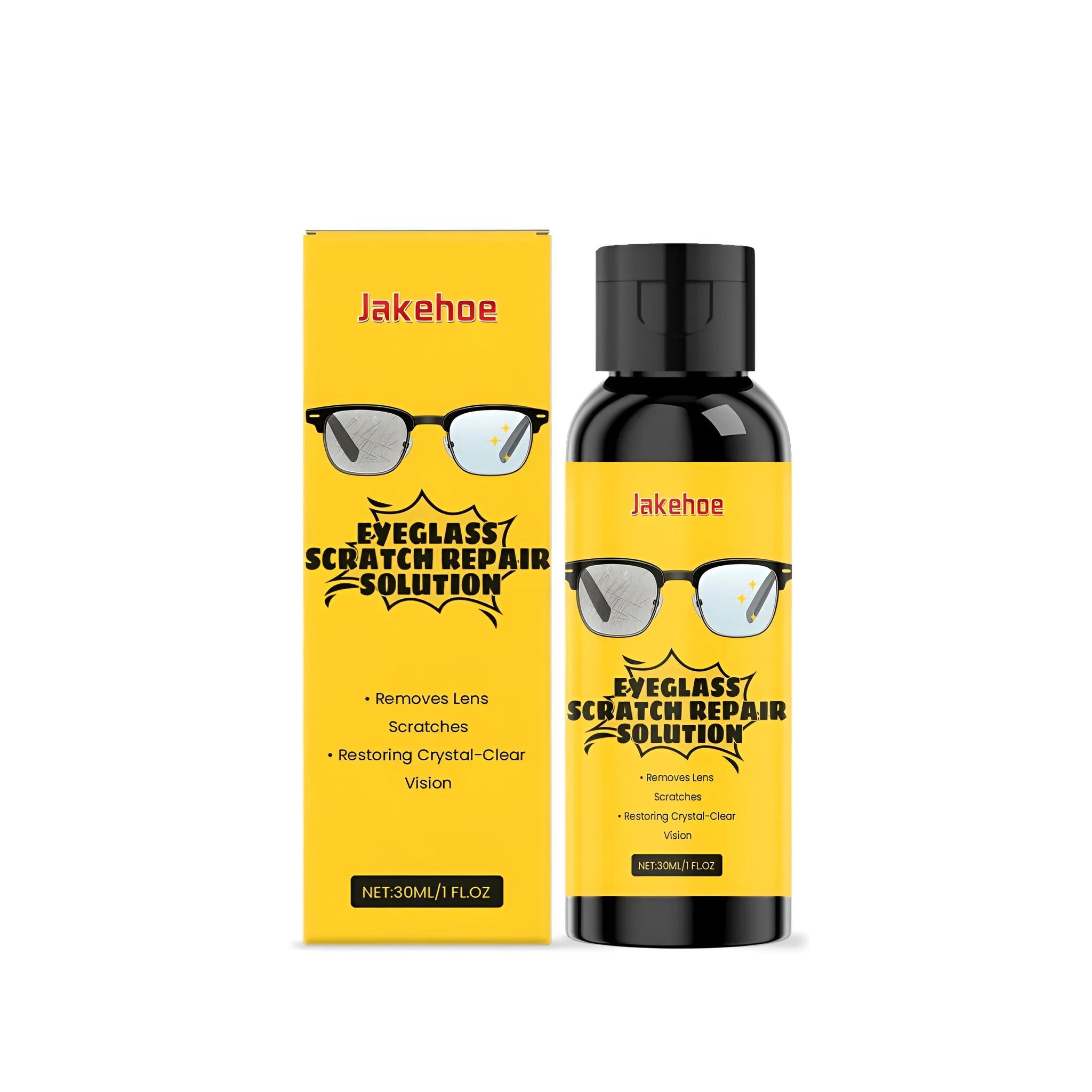 30ml bottle of eyeglass scratch repair solution with ingredient list